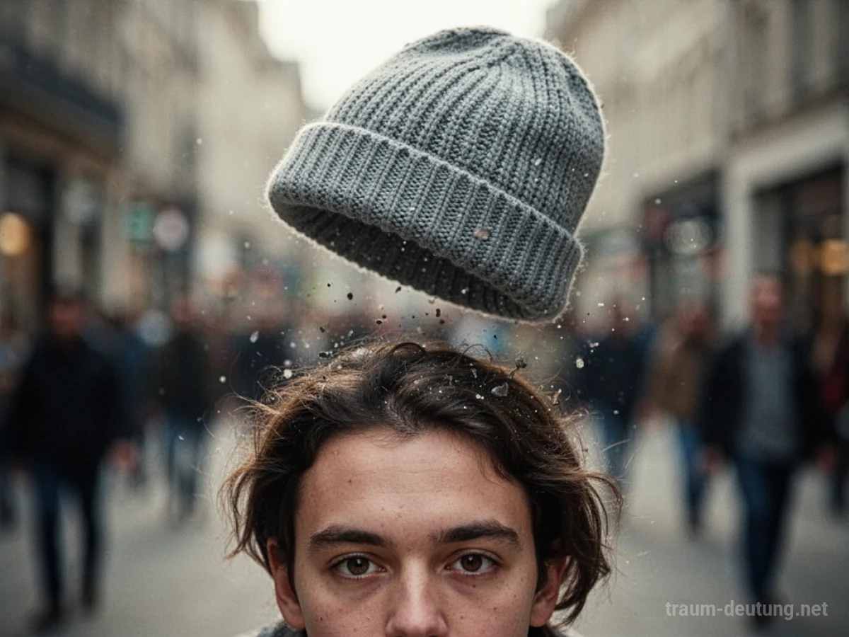 Gestrickte Mütze fällt vom Kopf einer Person