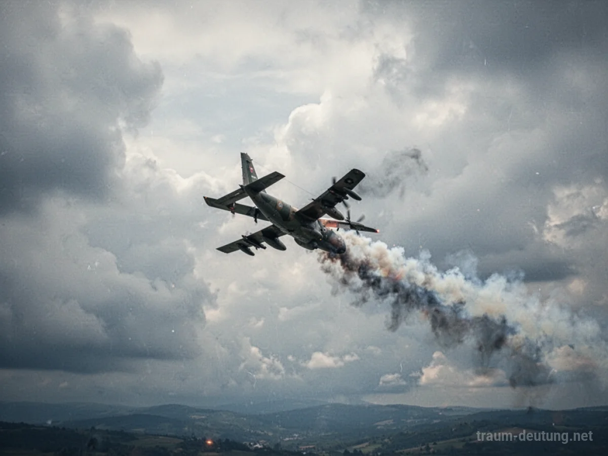 Militärflugzeug stürzt vom Himmel ab, Rauchsäule sichtbar.