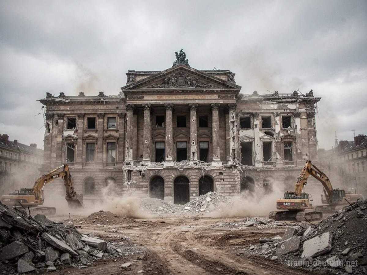 Ein altes Museum wird teilweise abgerissen, mit Baggern im Hintergrund.