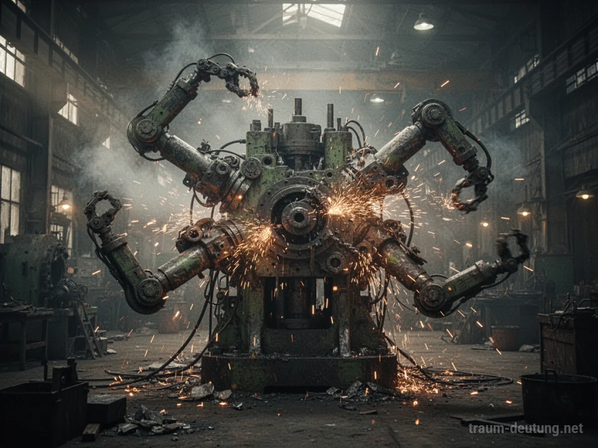 Eine außer Kontrolle geratene Maschine in einer dunklen Fabrikhalle, die Funken sprüht.