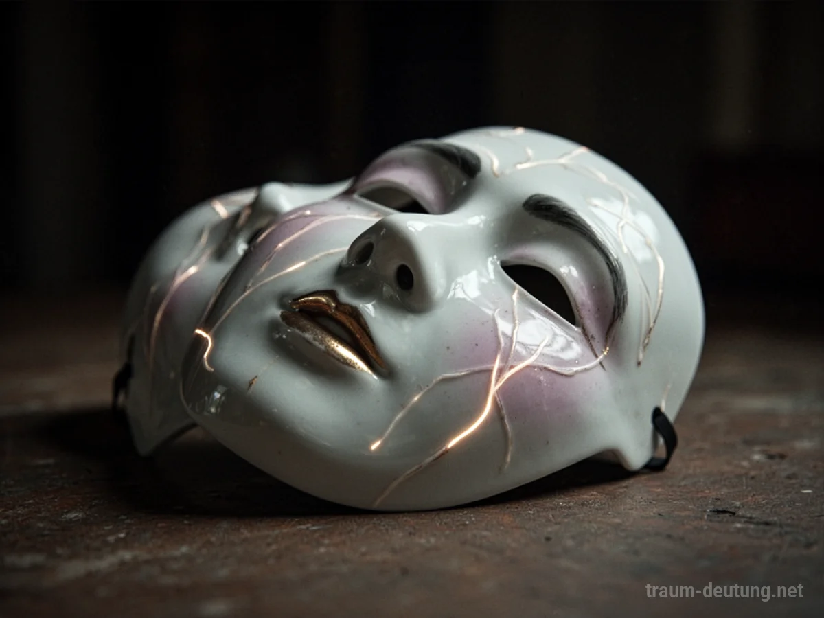 Gesicht einer Maske, aus der schwaches Licht strahlt