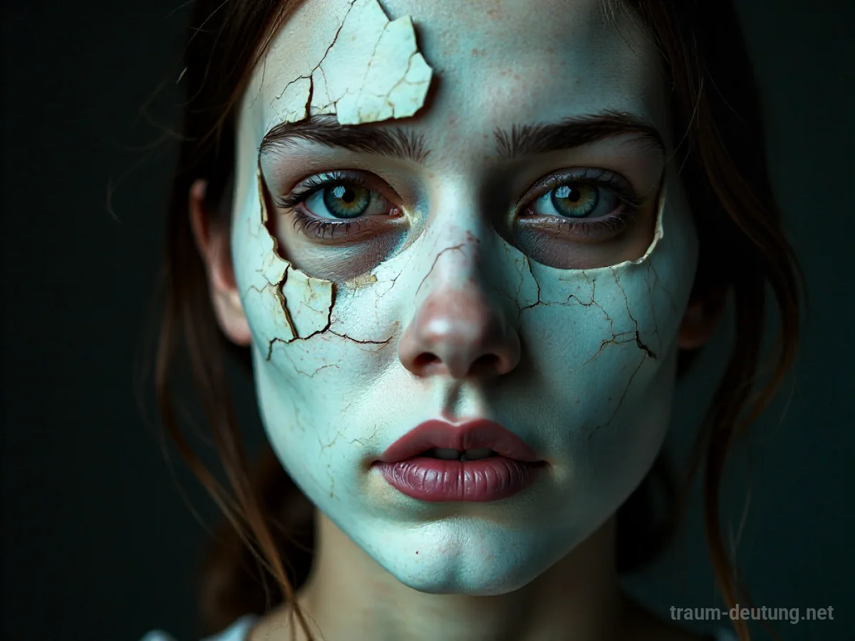 Gesicht mit Riss in der Maske, darunter echte Emotionen sichtbar