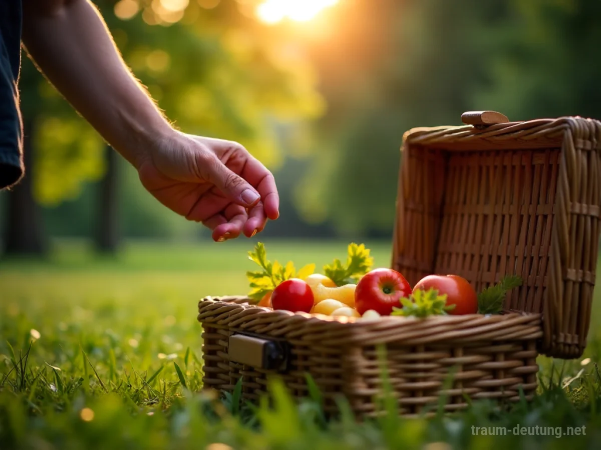 Hand stiehlt Essen aus Picknickkorb, während Person zusieht.