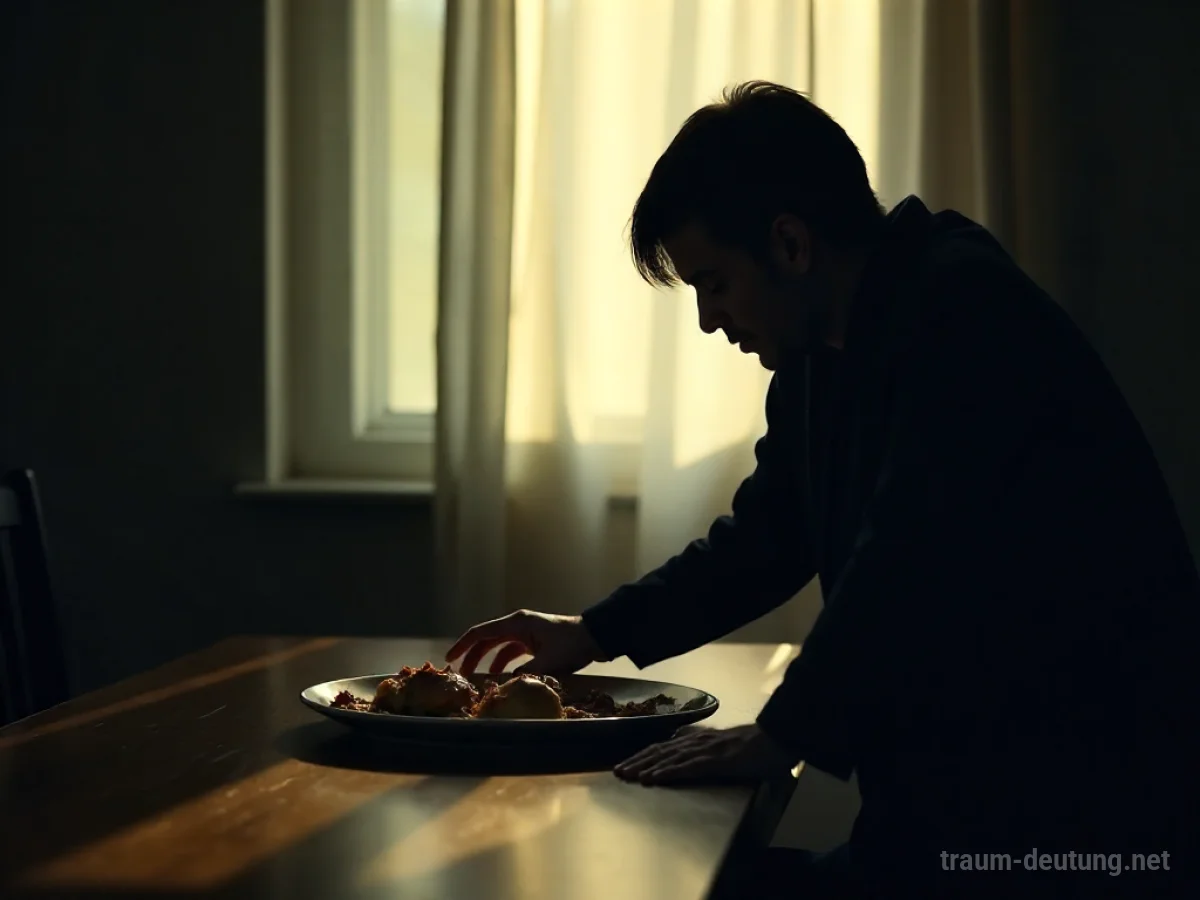 Schattenhafte Figur greift nach Essen auf Tisch, während eine Person zusieht.