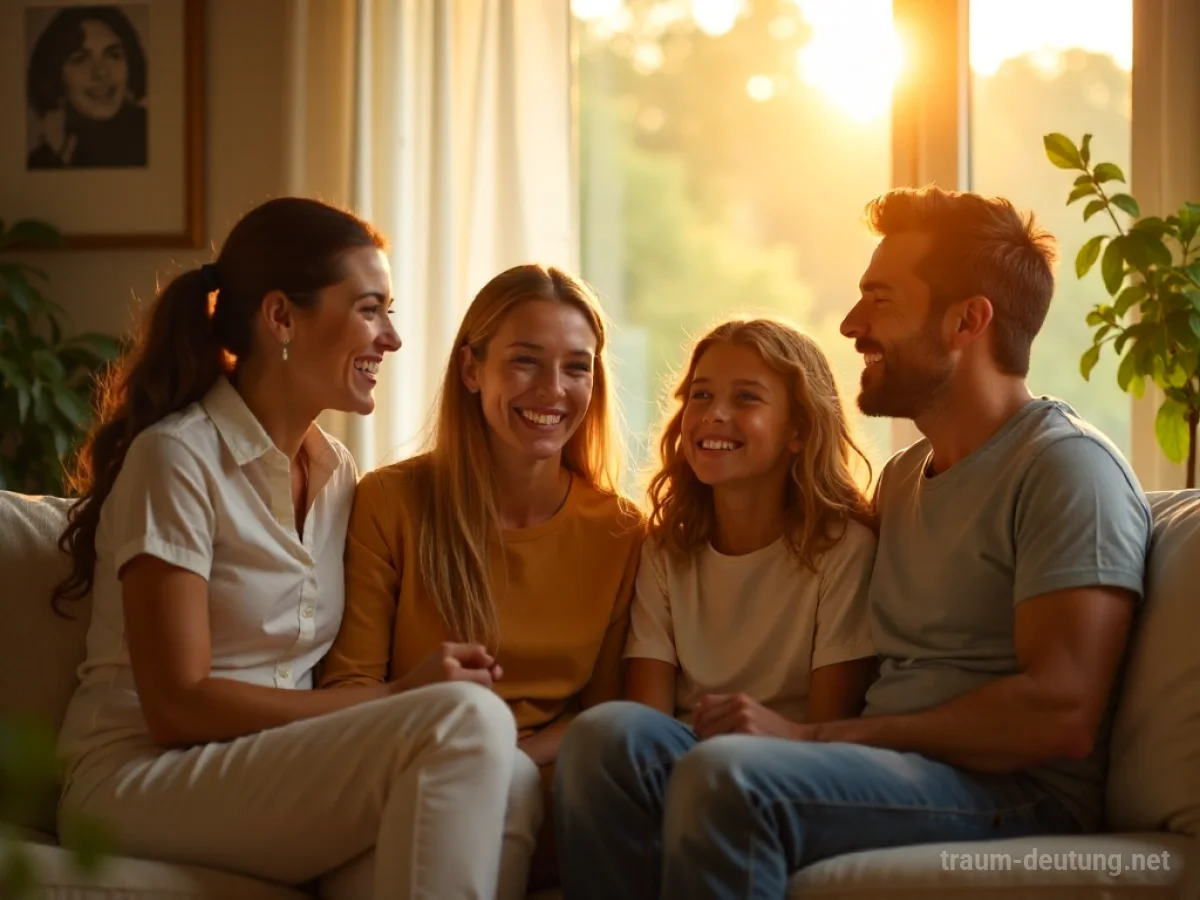 Glückliche Familie lacht gemeinsam im Wohnzimmer.