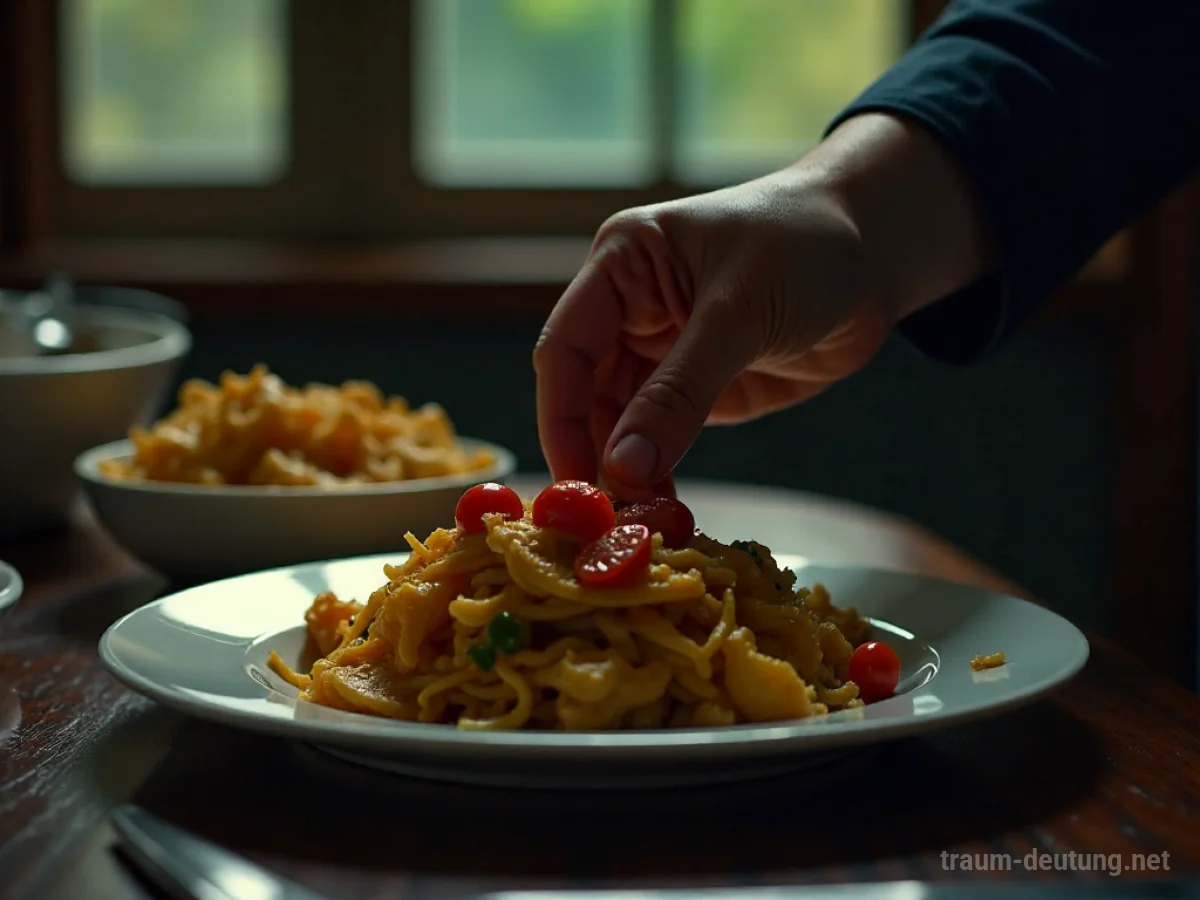 Eine Hand greift nach Essen auf dem Teller einer anderen Person.