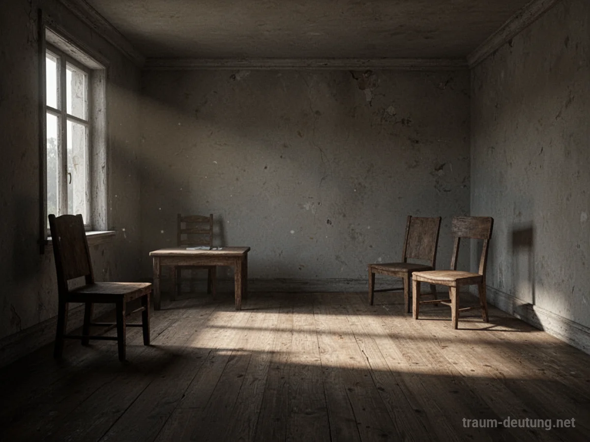 Leeres Zimmer mit wenigen, unmöblierten Möbelstücken im Schatten.