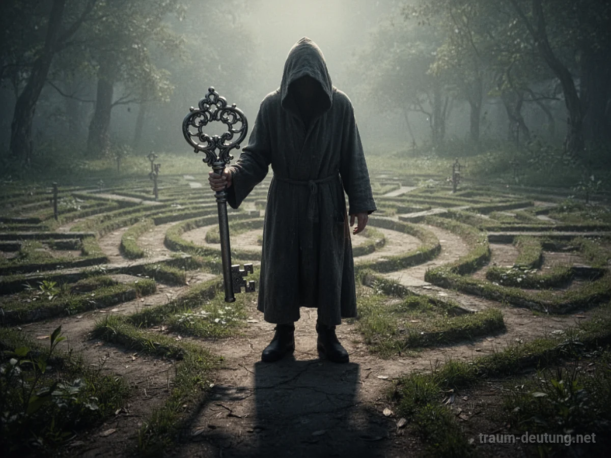 Schattenhafte Figur hält Schlüssel über einem Labyrinth von Wegen