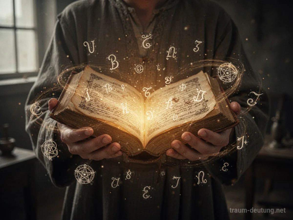 Hände halten ein leuchtendes Buch mit magischen Symbolen.
