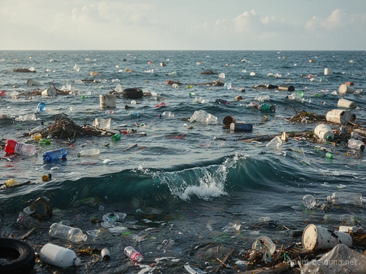 Überflutetes Meer mit Müll und Schmutz, eine kleine saubere Welle im Vordergrund