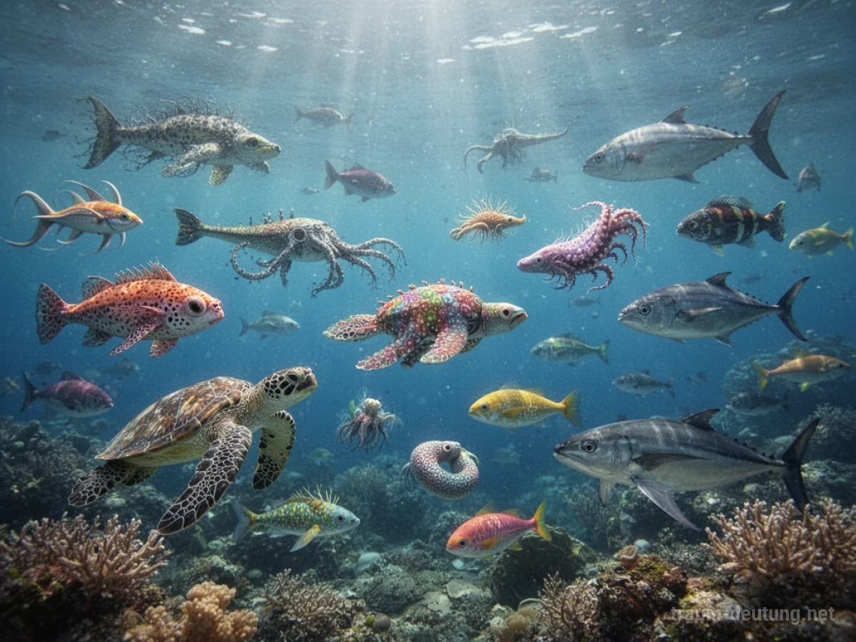 Bunte und faszinierende Meerestiere schwimmen in klarem blauem Wasser unter Sonnenlicht.