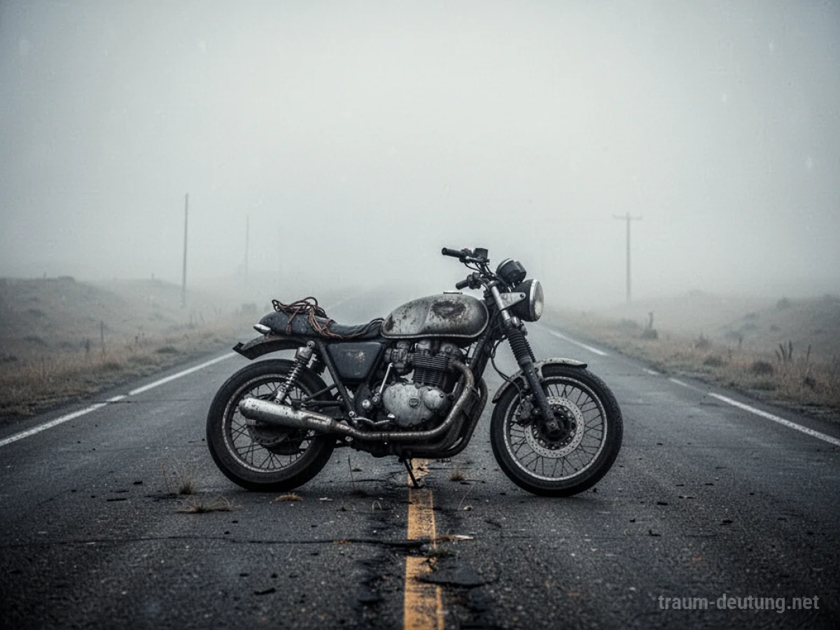 Ein Motorrad steht verlassen auf einer einsamen Straße, die in Nebel führt.