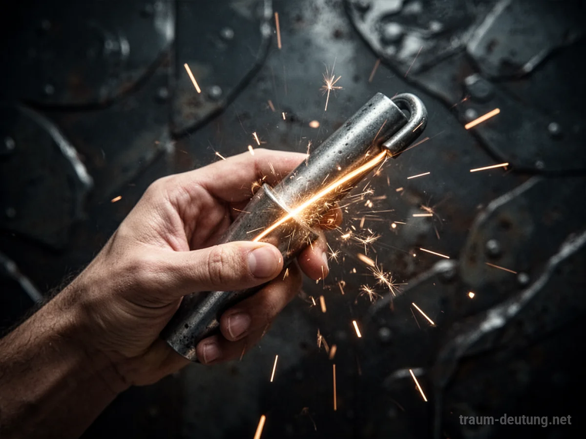 Eine Hand, die ein Metallobjekt hält und es durchtrennt.