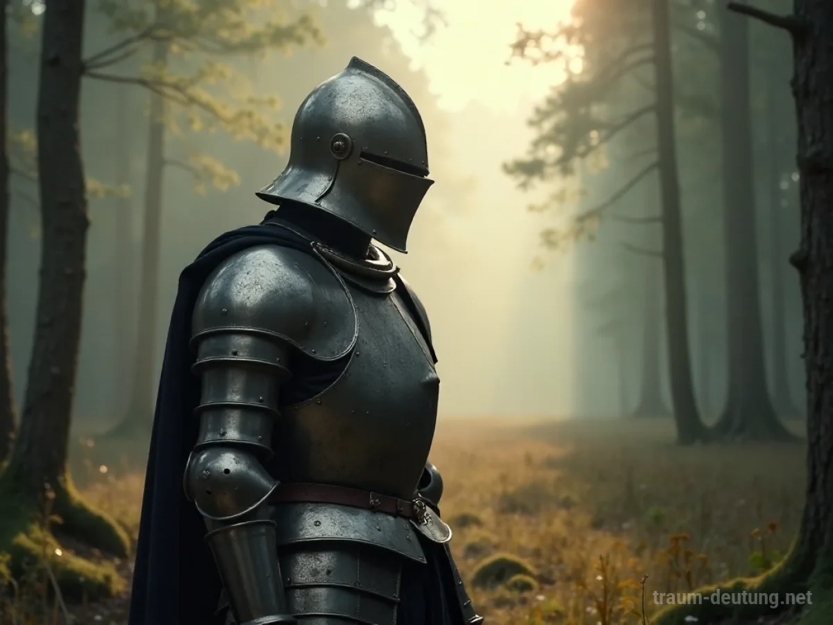 Person in metallener Rüstung steht in einem nebligen Wald.