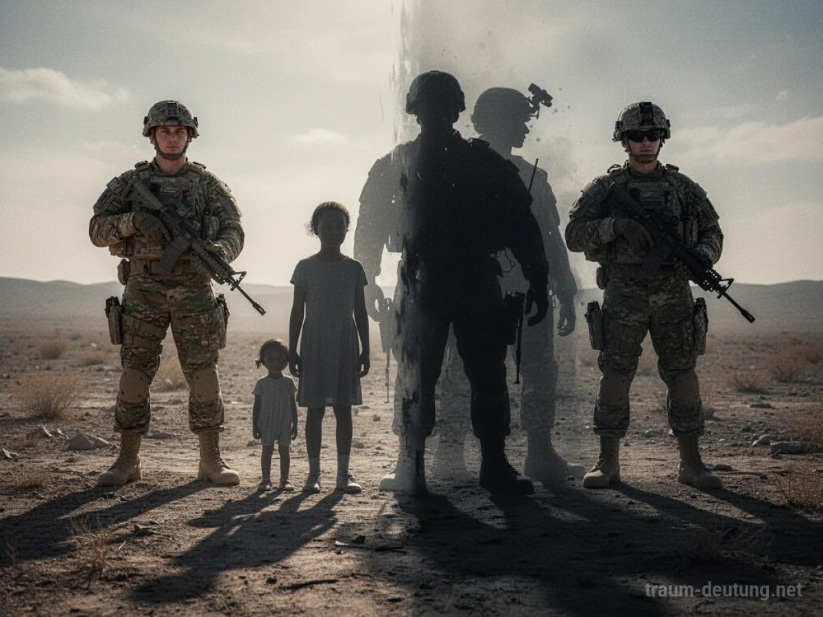 Silhouetten einer Familie werden von einer militärischen Präsenz getrennt.