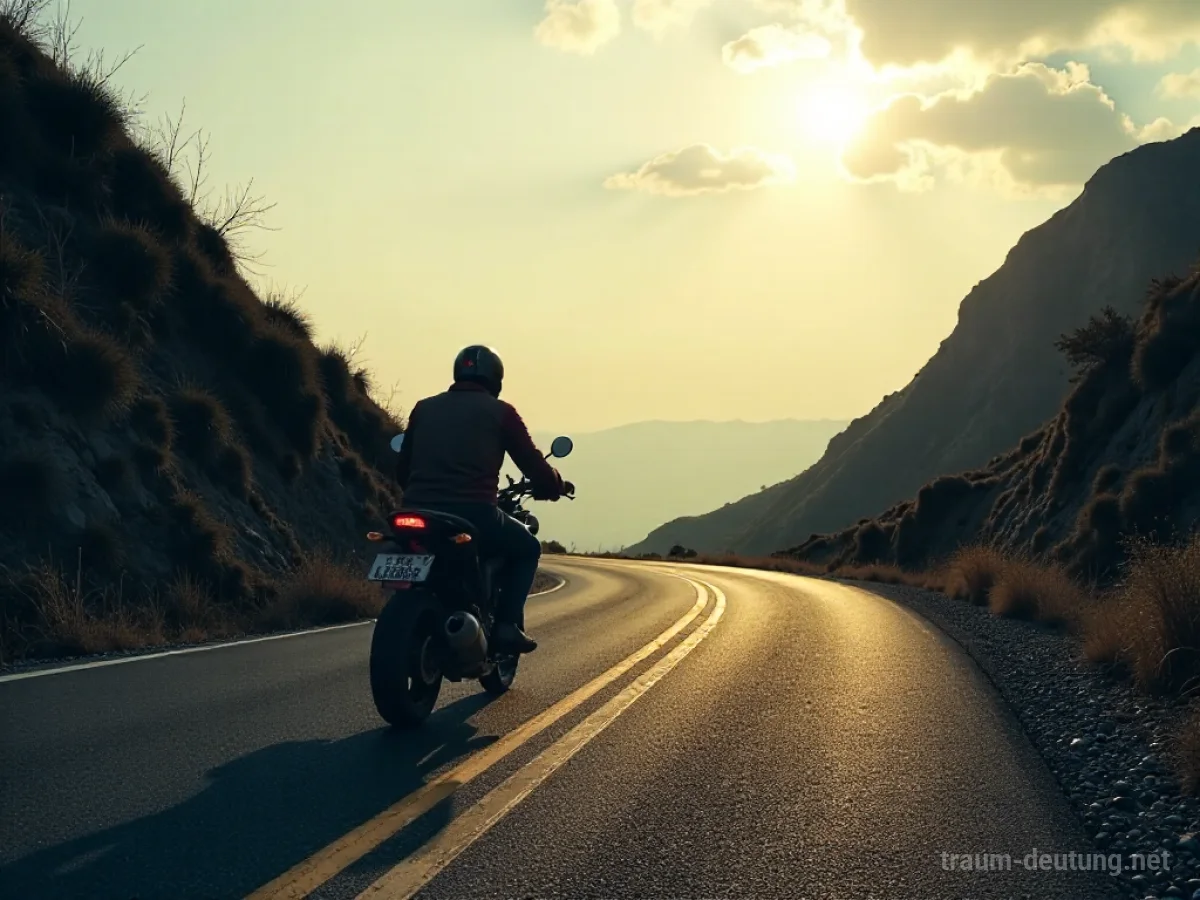 Ein Motorradfahrer fährt eine steile Straße bergauf, der Himmel hellt sich auf.