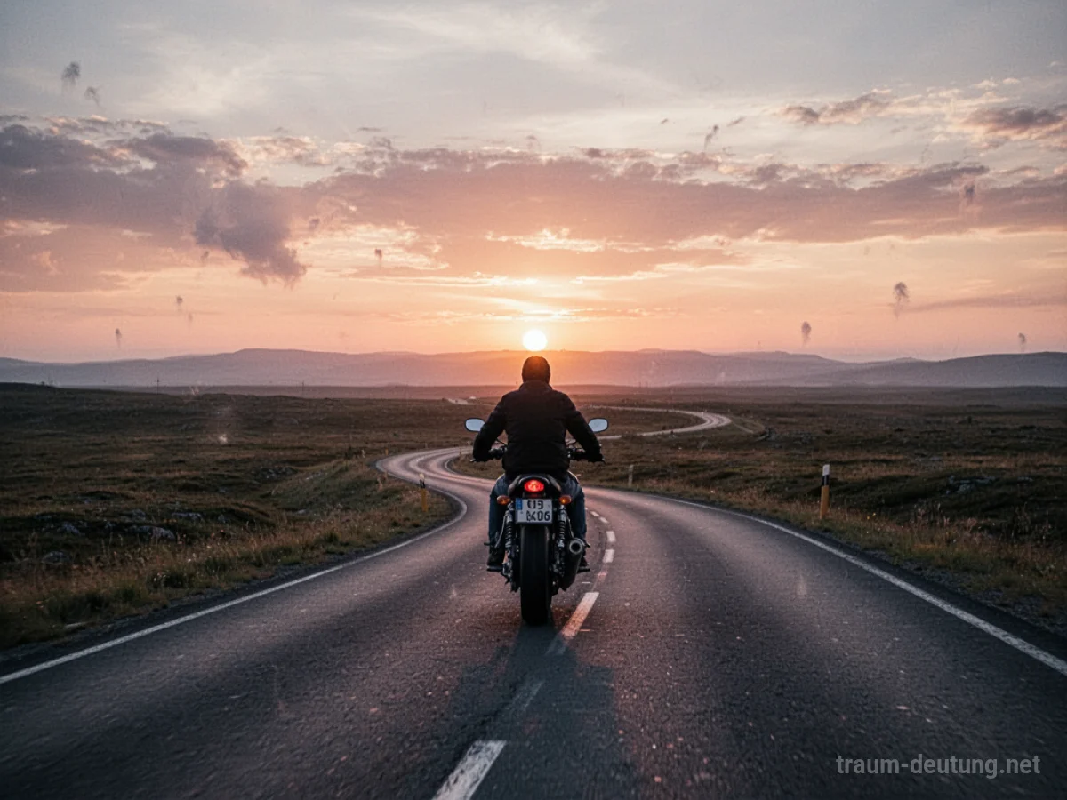 Eine Person fährt Motorrad auf einer einsamen Straße bei Sonnenuntergang.
