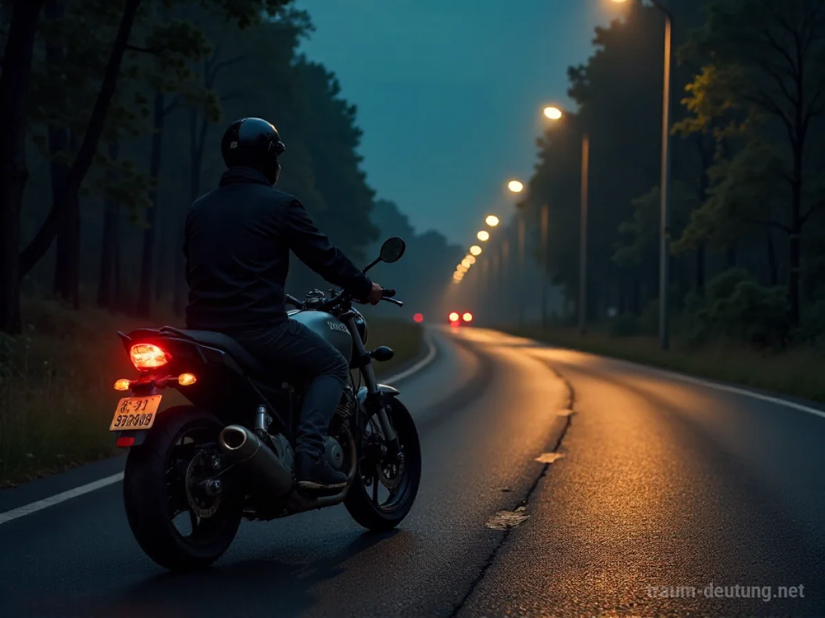 Ein Motorrad, das auf einer dunklen Straße nicht anspringt, mit einem frustrierten Fahrer davor.