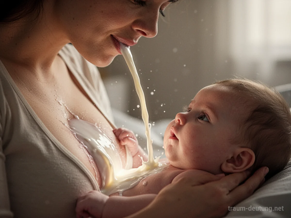 Muttermilch fließt sanft von einer Brust zu einem Baby.