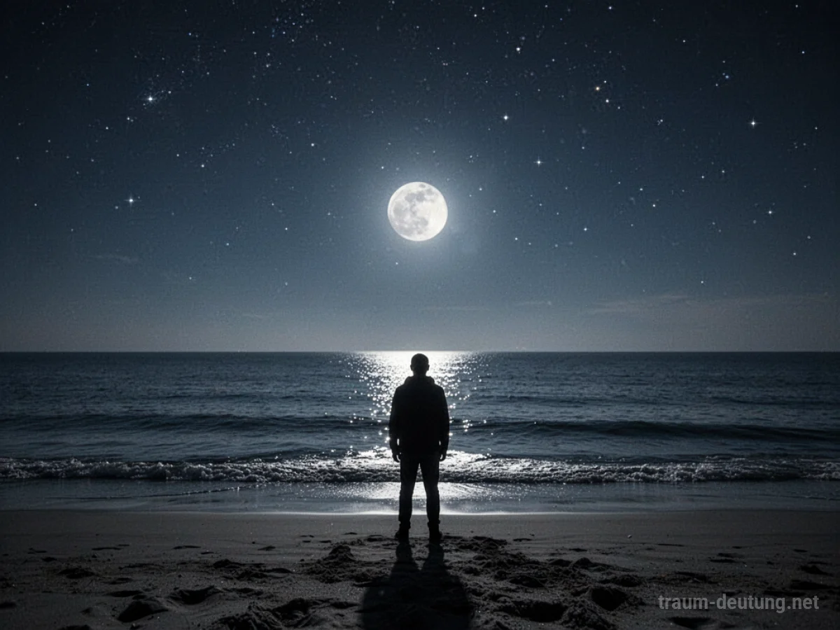 Eine Person steht nachts allein am Meer und blickt auf das ruhige, mondbeschienene Wasser.