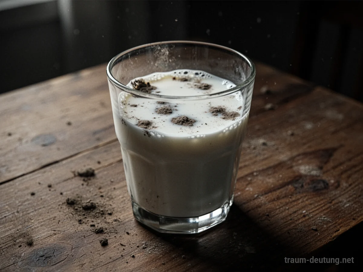 Milchglas mit Schmutzpartikeln auf einer Holzoberfläche