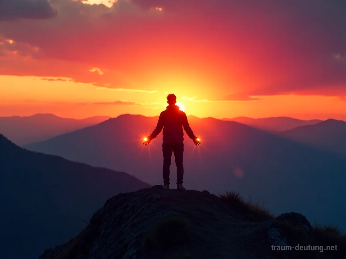 Silhouette einer Person mit leuchtenden Händen auf einem Berg bei Sonnenuntergang