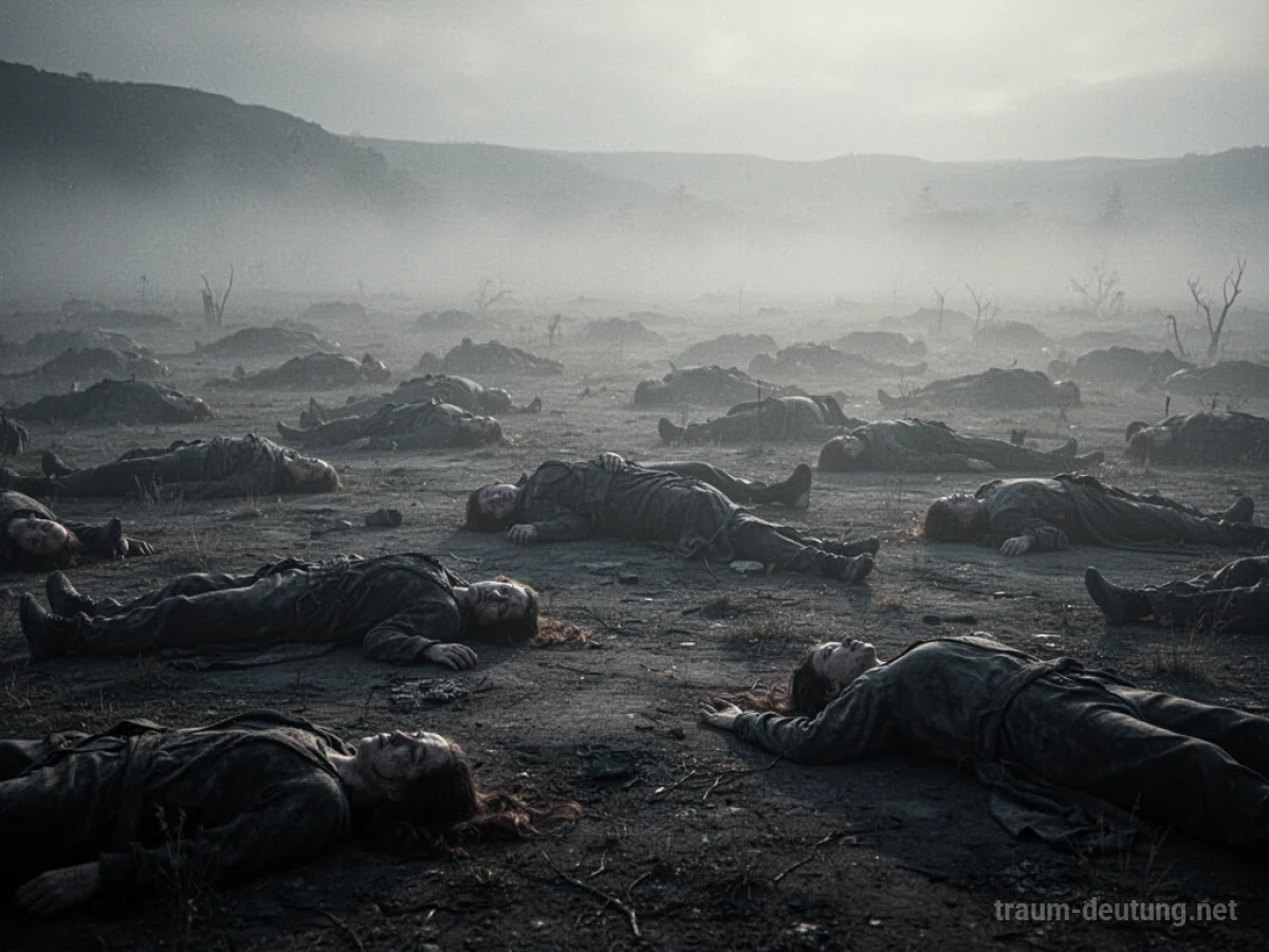 Viele Schattenmenschen liegen still in einer nebelverhangenen Landschaft.