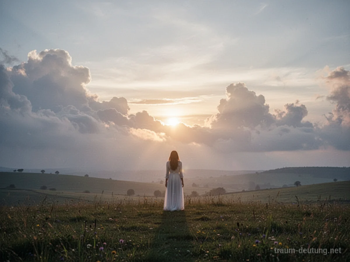 Sonnenaufgang über einer Landschaft mit einer Frau als Silhouette
