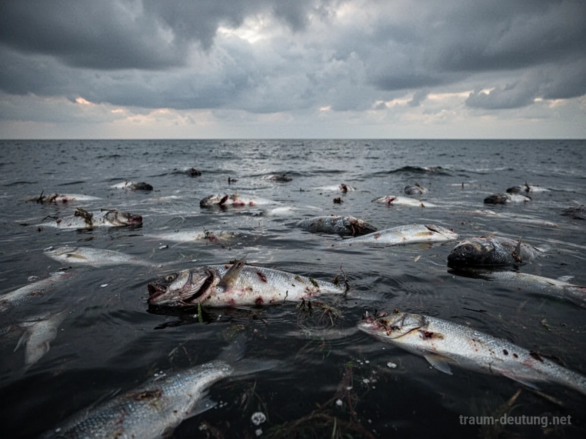Ein totes Meer mit vielen toten Fischen an der Oberfläche unter einem grauen Himmel.