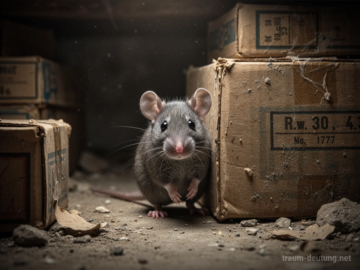 Eine kleine Maus schaut aus einem Versteck im dunklen Keller hervor.