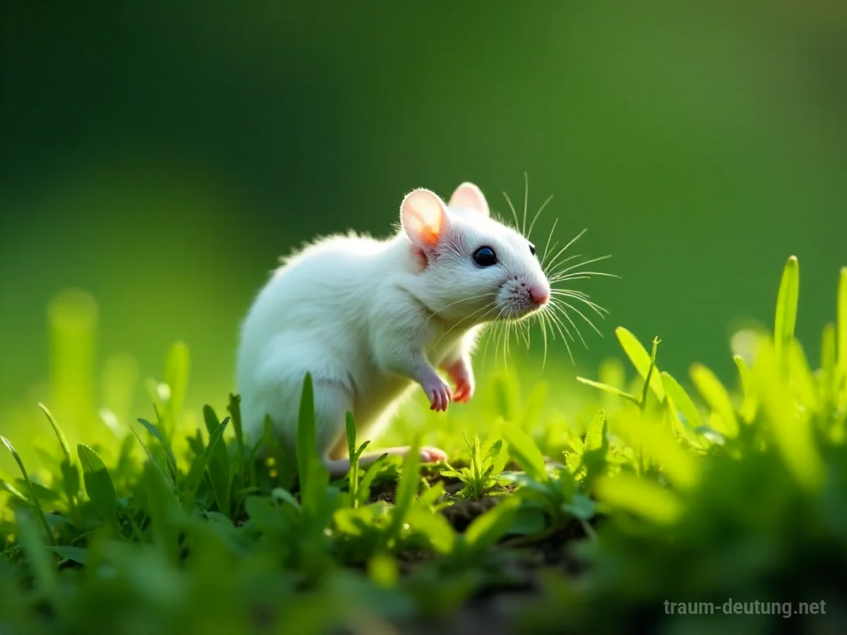 Eine kleine, weiße Maus auf grünem Gras.