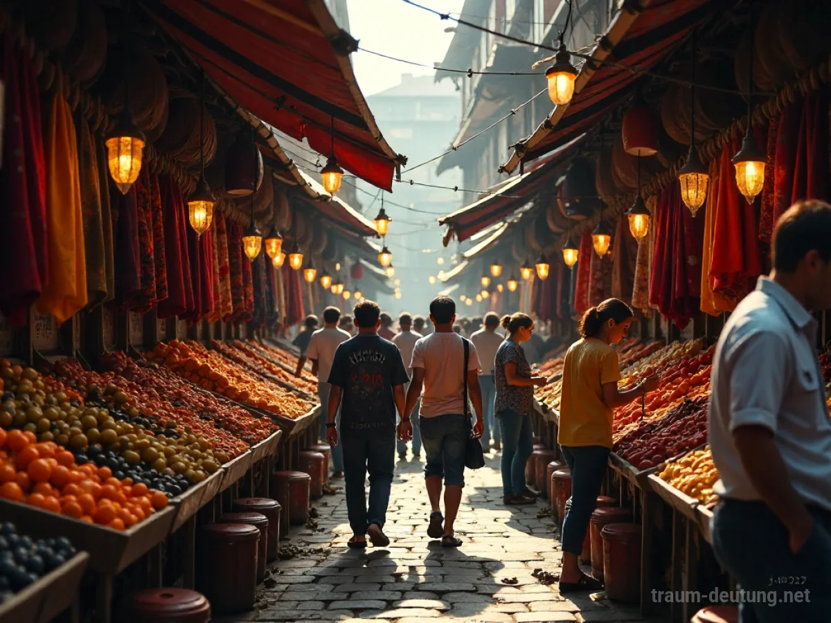 Bunter, lebhafter Markt mit exotischen Waren und Menschen