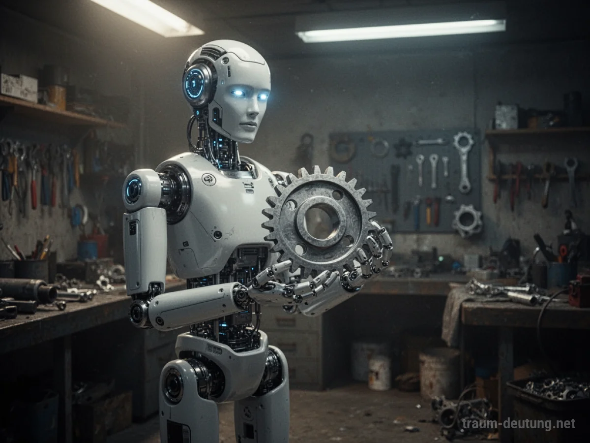 Ein Roboter steht in einer Werkstatt und hält ein Zahnrad.