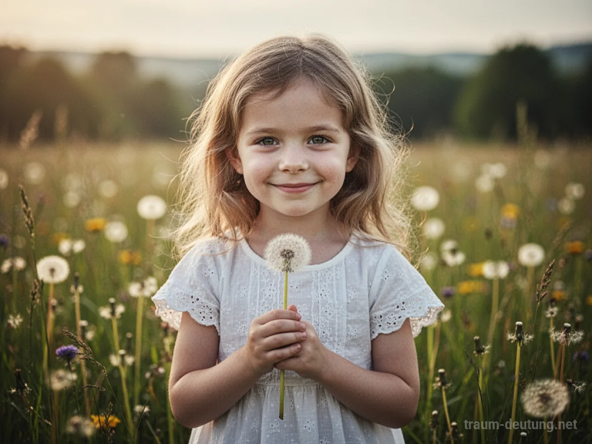 Ein Mädchen steht auf einer sonnigen Wiese und hält eine Pusteblume.