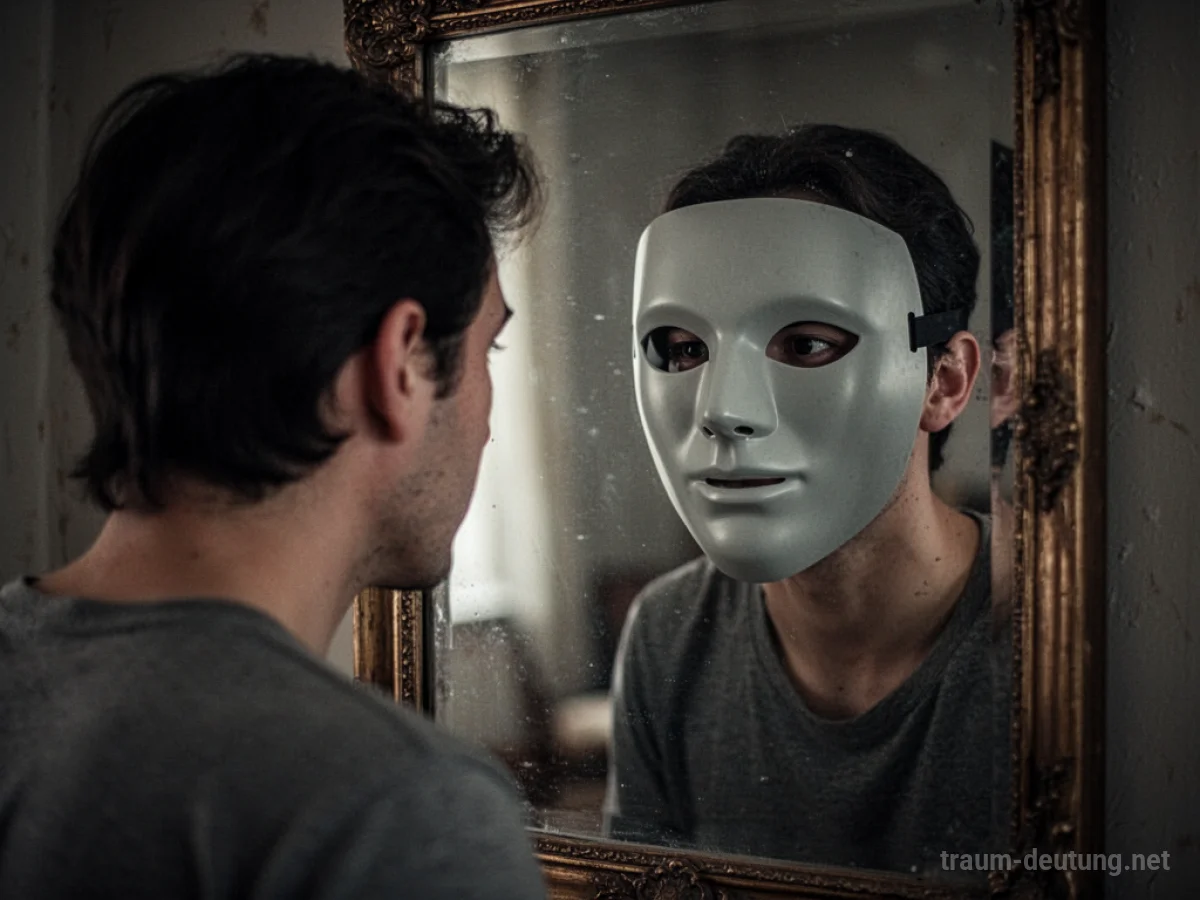 Spiegelbild einer Person mit einer undurchsichtigen Maske im Gesicht