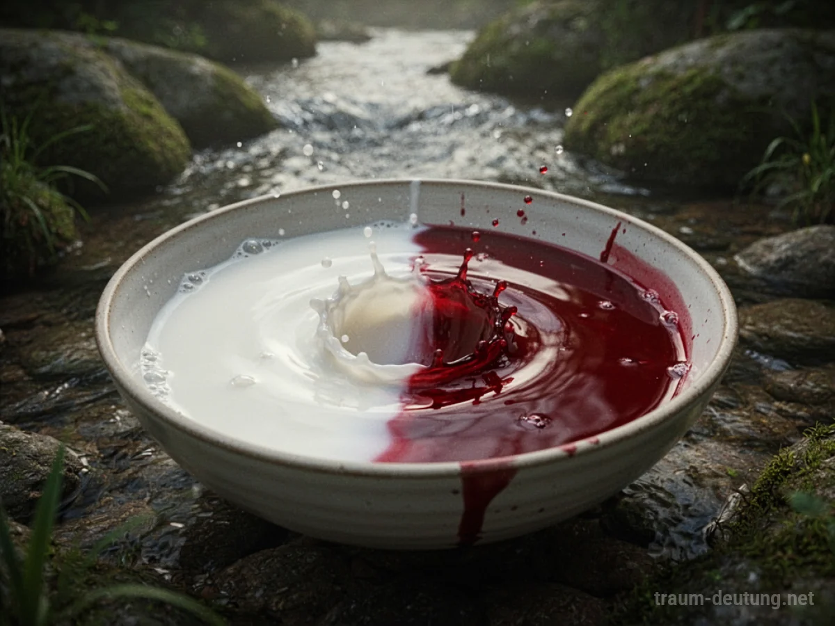Symbolische Darstellung von Milch und Blut, die sich in einer Schale mischen.