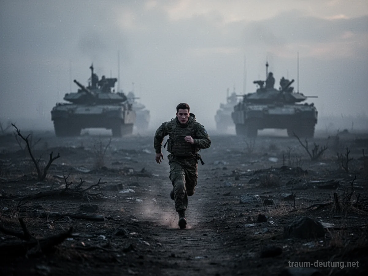 Eine Person flieht vor militärischen Silhouetten in dunkler Landschaft.