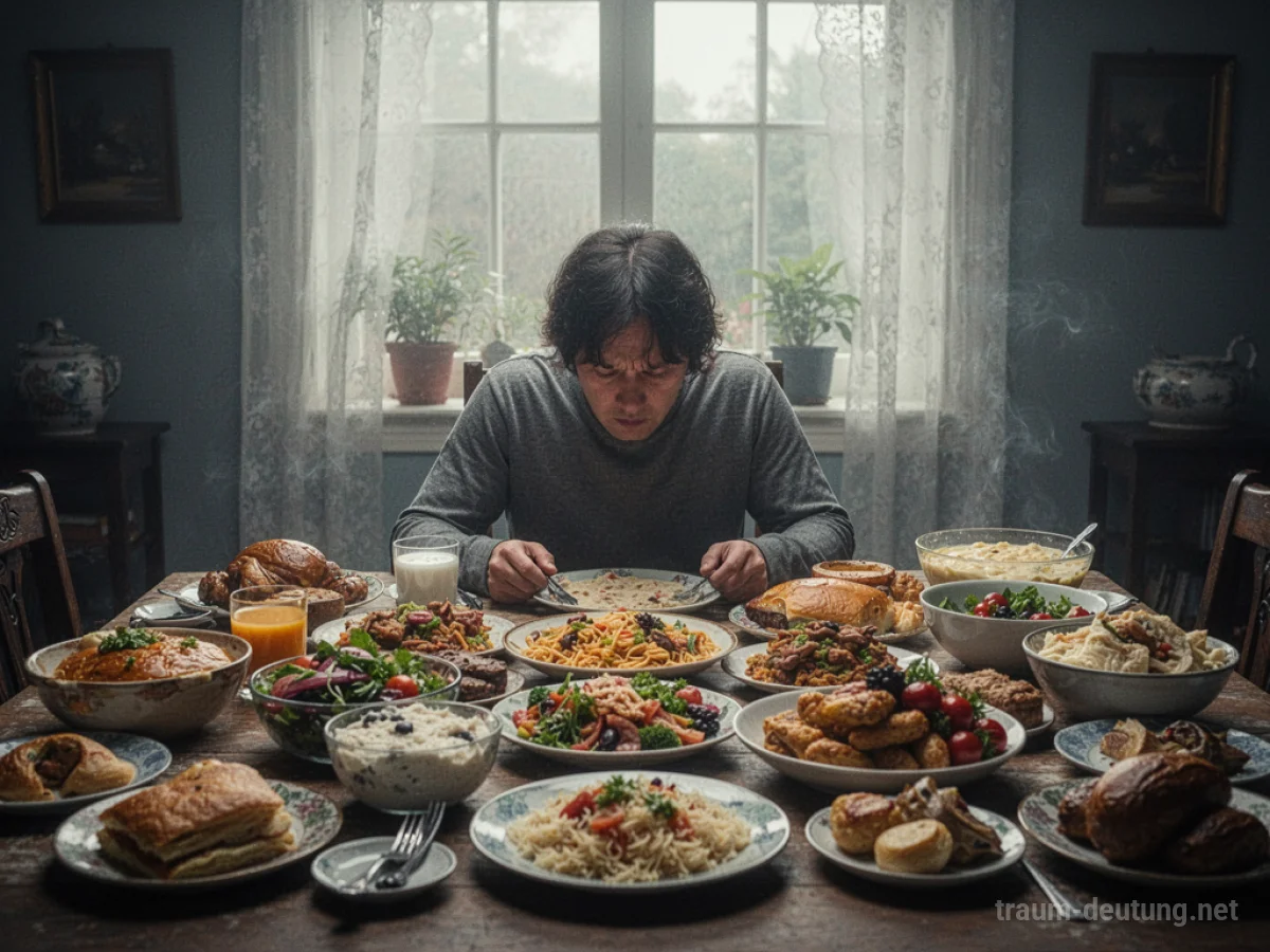 Eine Person sitzt allein an einem Tisch voller Essen und wirkt überfordert.
