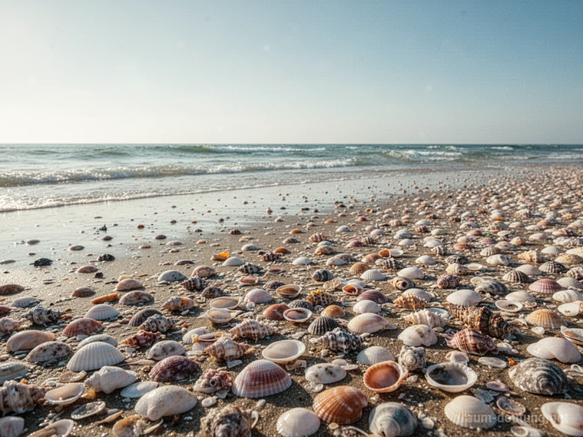 Strand voller Muscheln unter strahlendem Himmel