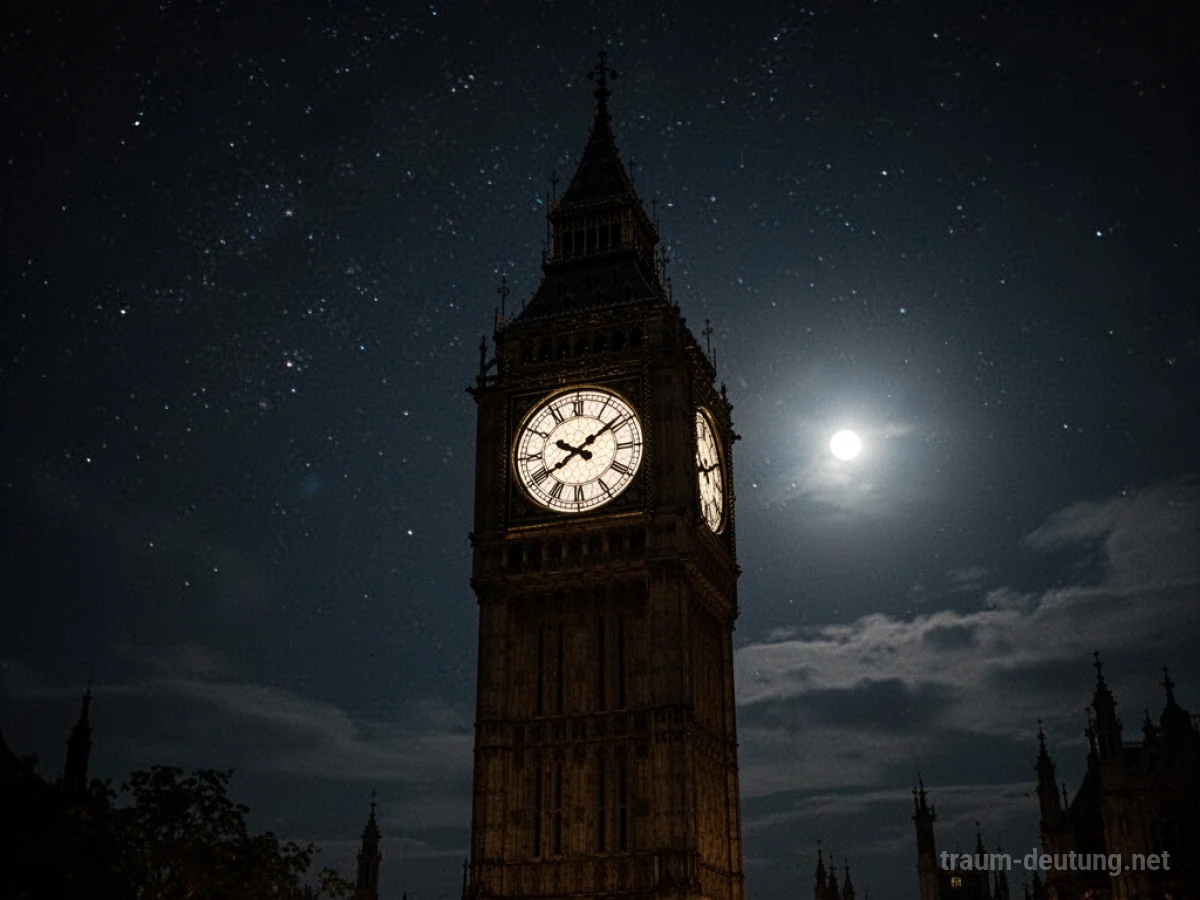 Eine Kirchturmuhr zeigt Mitternacht unter klarem Sternenhimmel.