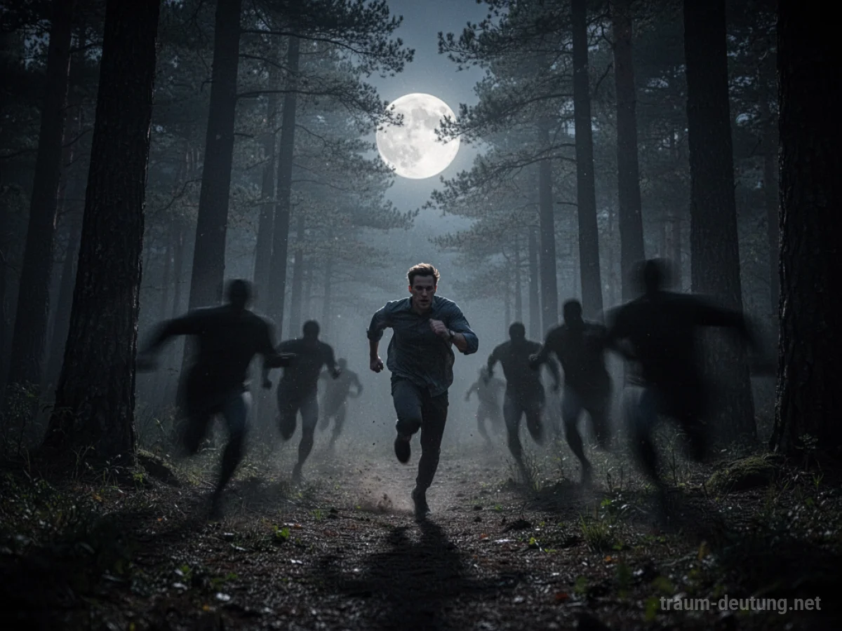 Eine Person flieht durch einen dunklen Wald bei Nacht.
