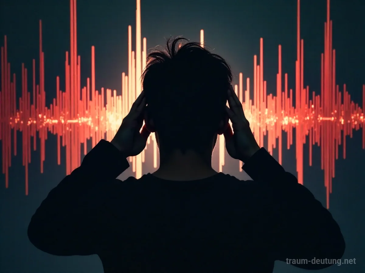 Silhouette einer Person, die sich die Ohren zuhält vor abstrakten, dissonanten Schallwellen.