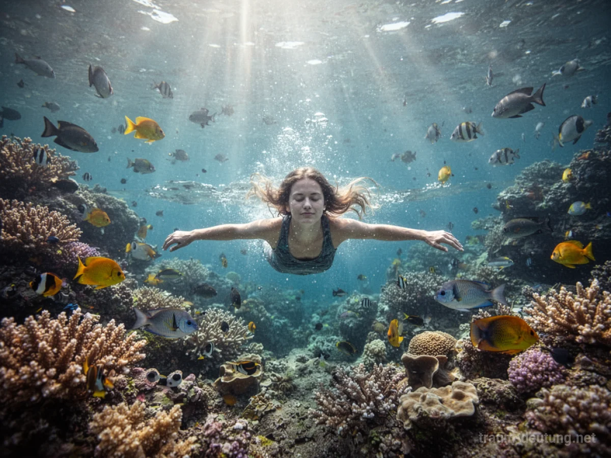 Eine Person erkundet eine farbenfrohe Unterwasserwelt mit Korallen und Fischen.
