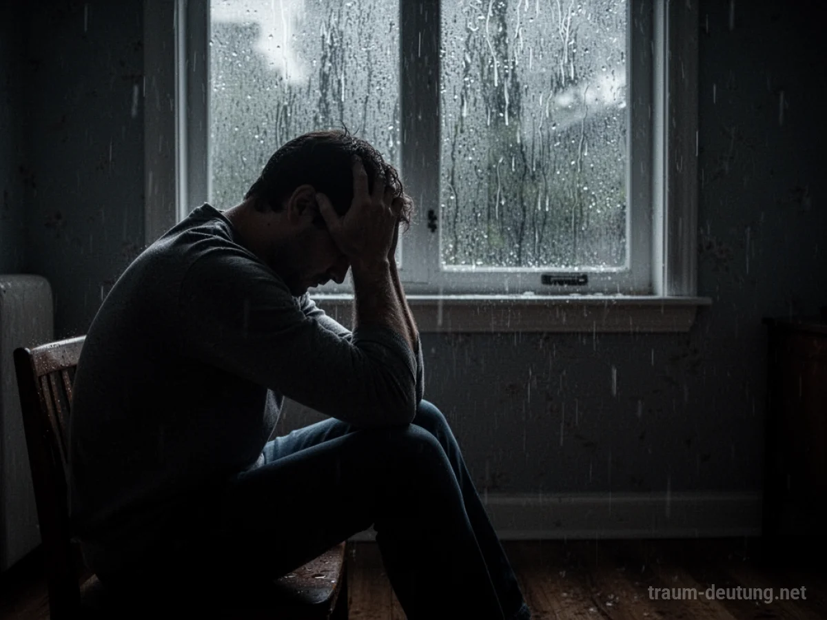 Silhouette eines Mannes, der im Dunkeln weint, mit Regentropfen am Fenster