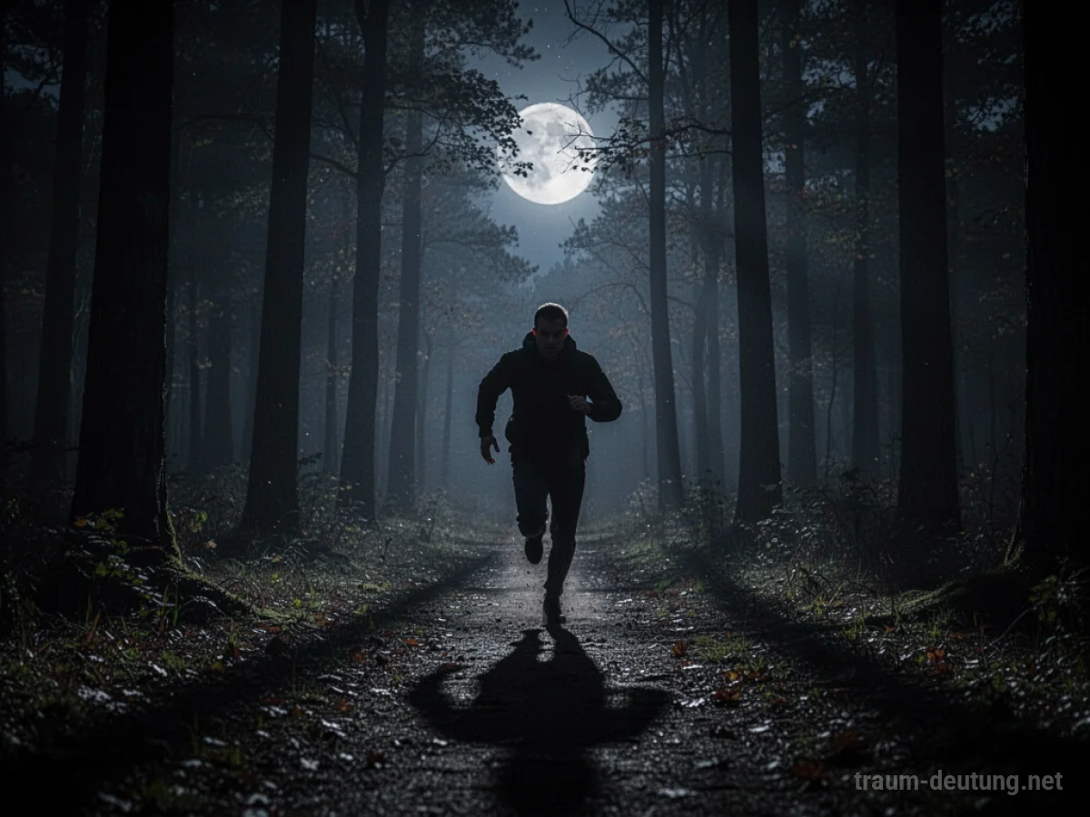 Schattenfigur rennt nachts durch dunklen Wald