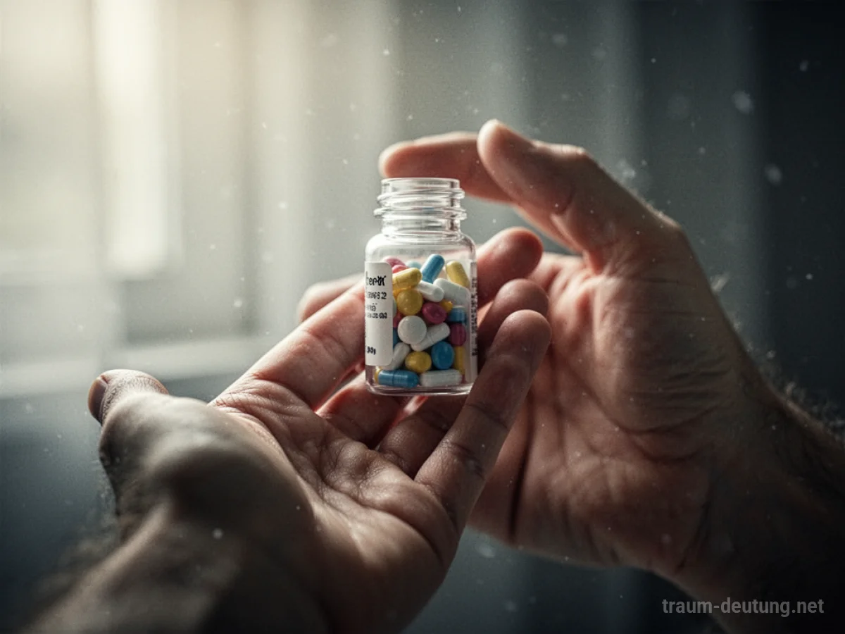 Hand hält eine kleine Flasche mit Medikamenten.