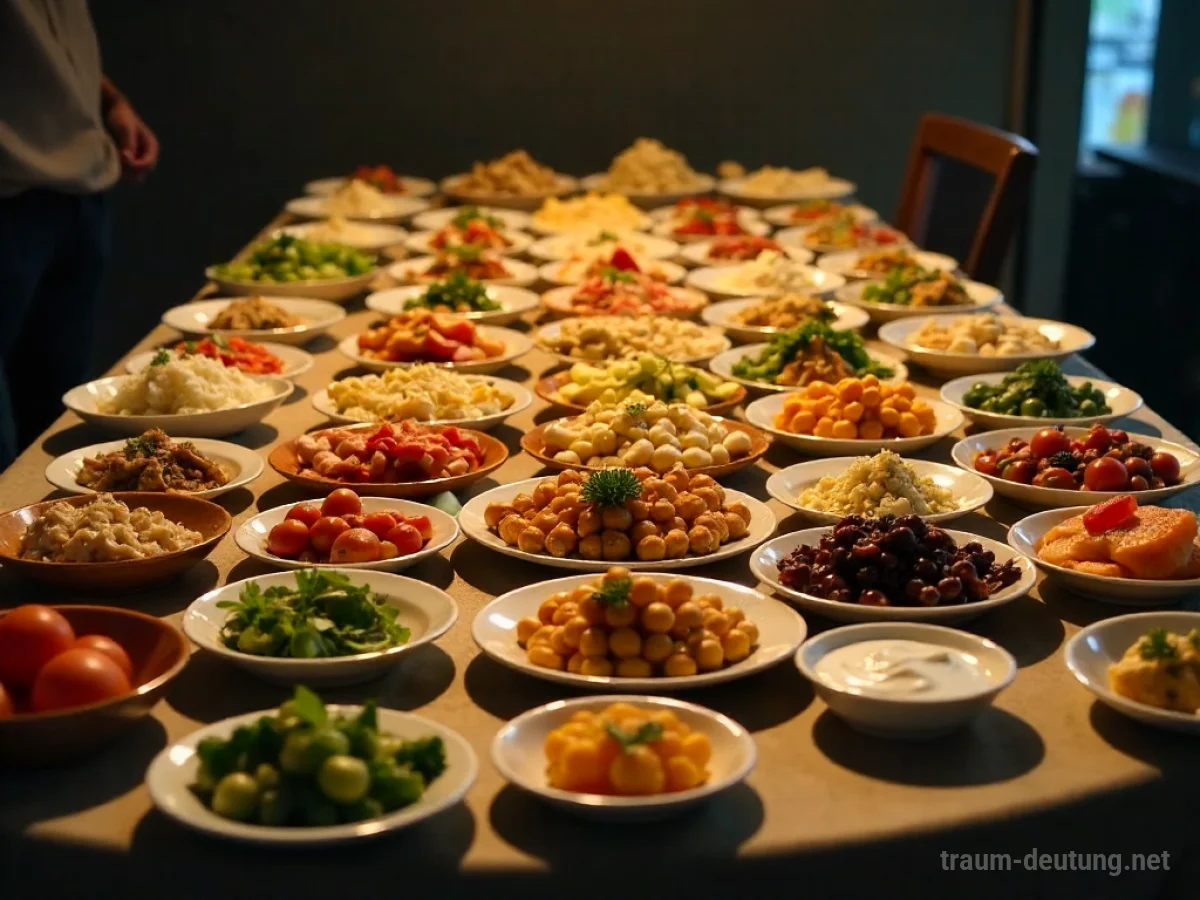 Üppig gedeckter Tisch mit viel Essen, ein Teil davon wirkt leer.