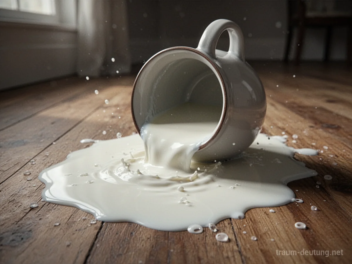 Viel weiße Milch verschüttet auf einem Holzboden.