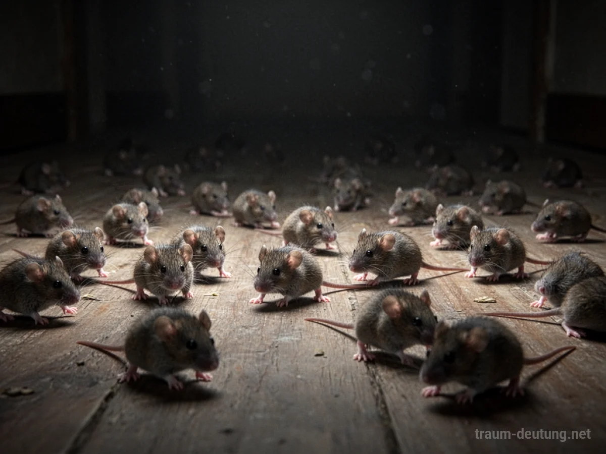 Viele kleine Mäuse krabbeln über einen dunklen Boden.