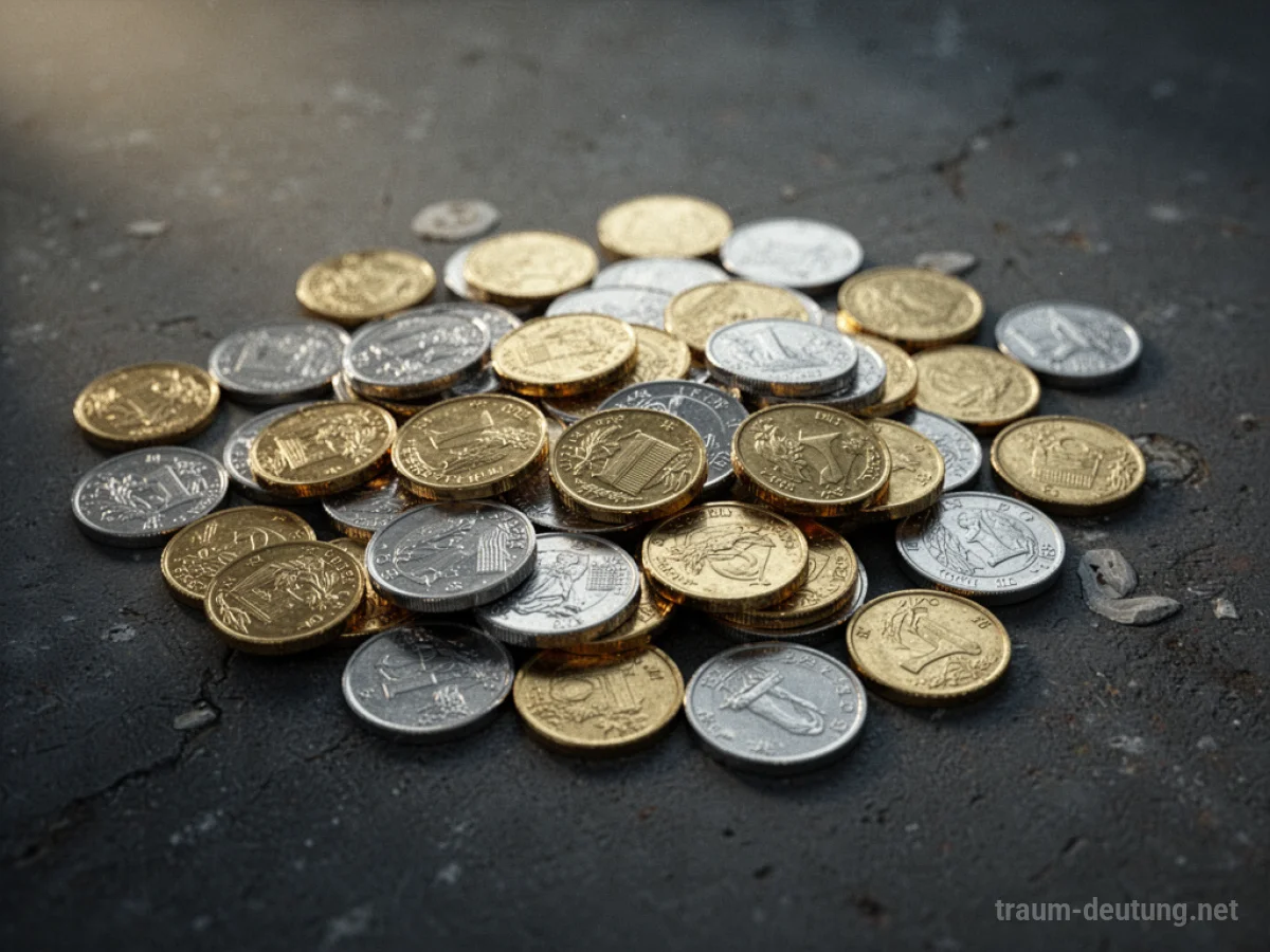 Haufen glänzender Gold- und Silbermünzen auf dunklem Untergrund
